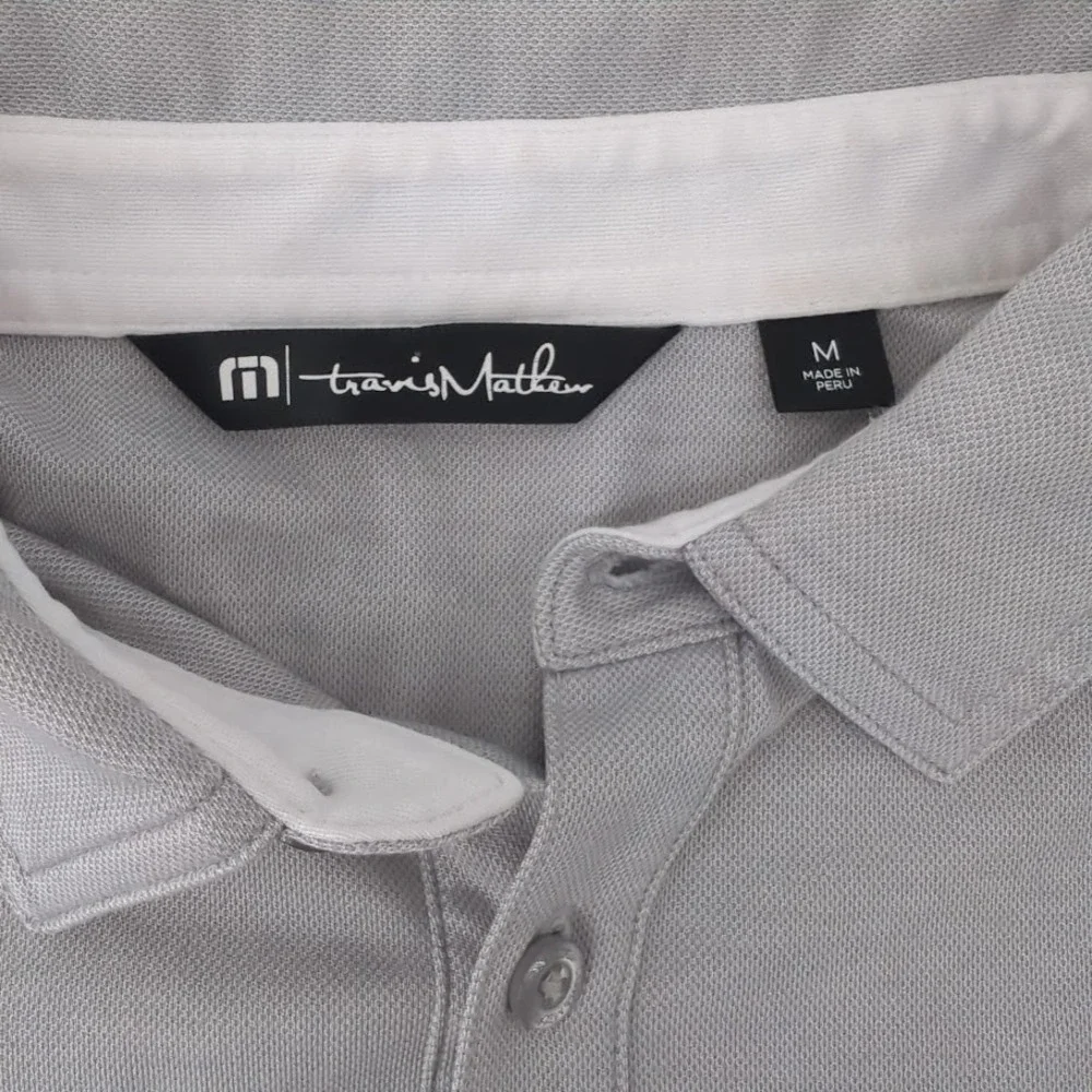 TravisMathew Polo Shirt Men Medium Gray White Colorblock Pocket Golf Casual Golf